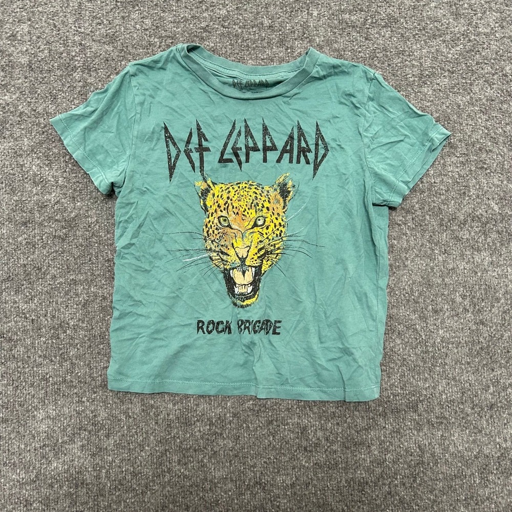 Def Leppard T-Shirt Womens Size S Teal Green Rock Brigade Leopard Graphic Cotton